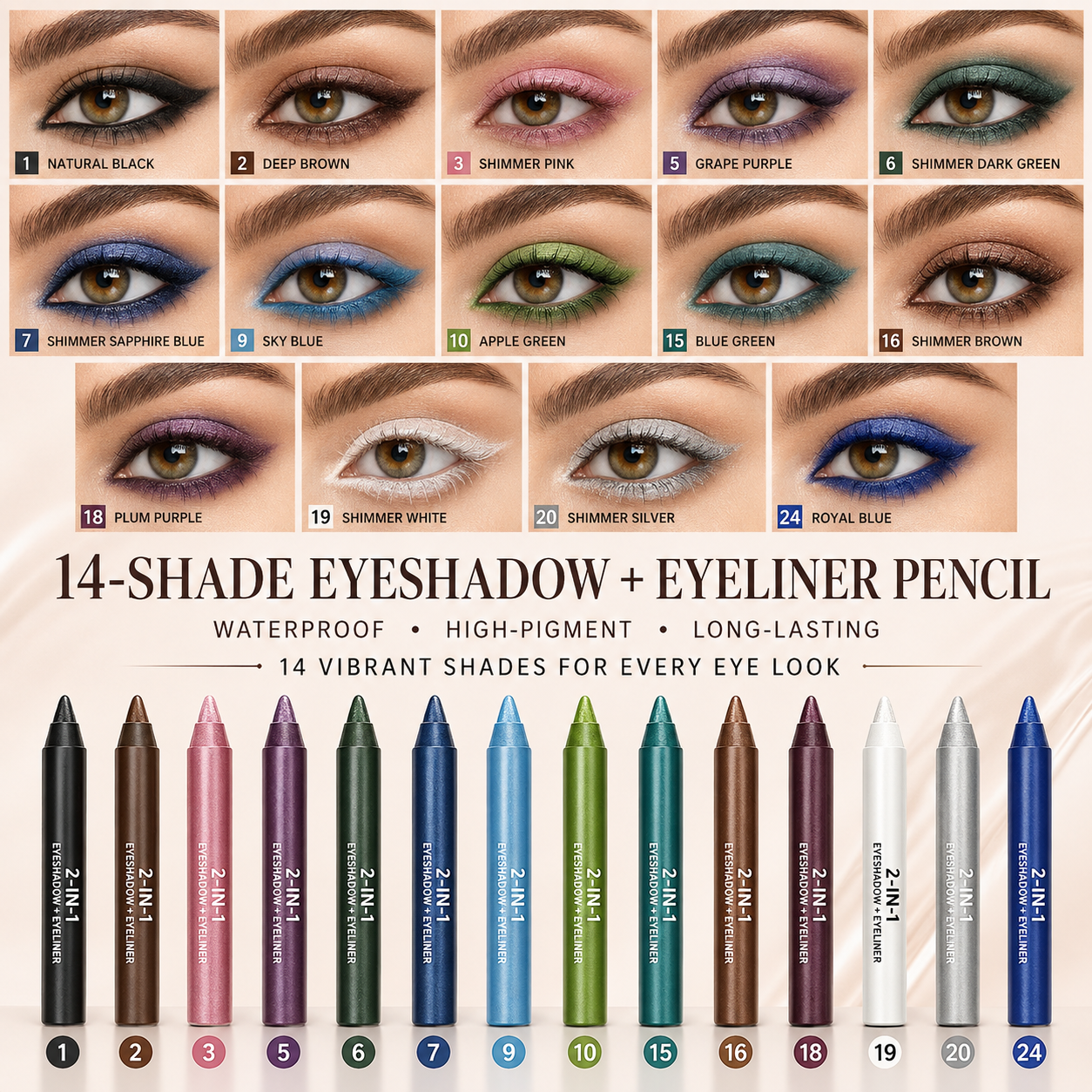 Last Day Buy 1 Get 1 Free🔥 2-in-1 Waterproof Eyeshadow & Eyeliner Pencil – 14 Long-Lasting Shades