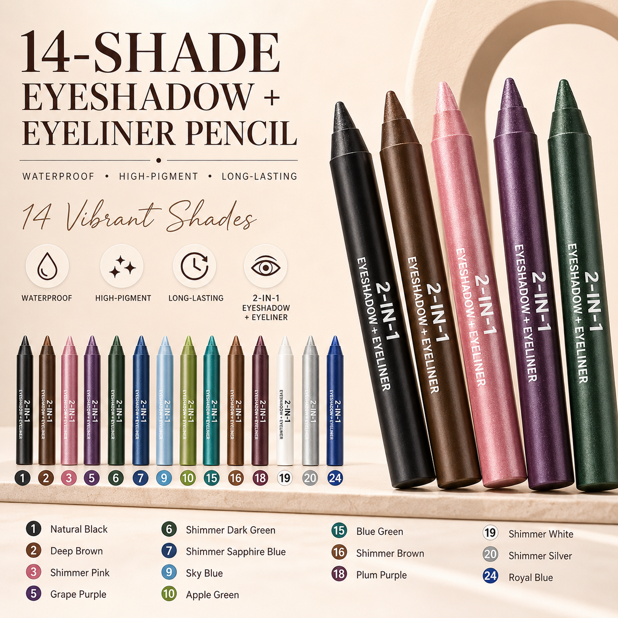 Last Day Buy 1 Get 1 Free🔥 2-in-1 Waterproof Eyeshadow & Eyeliner Pencil – 14 Long-Lasting Shades